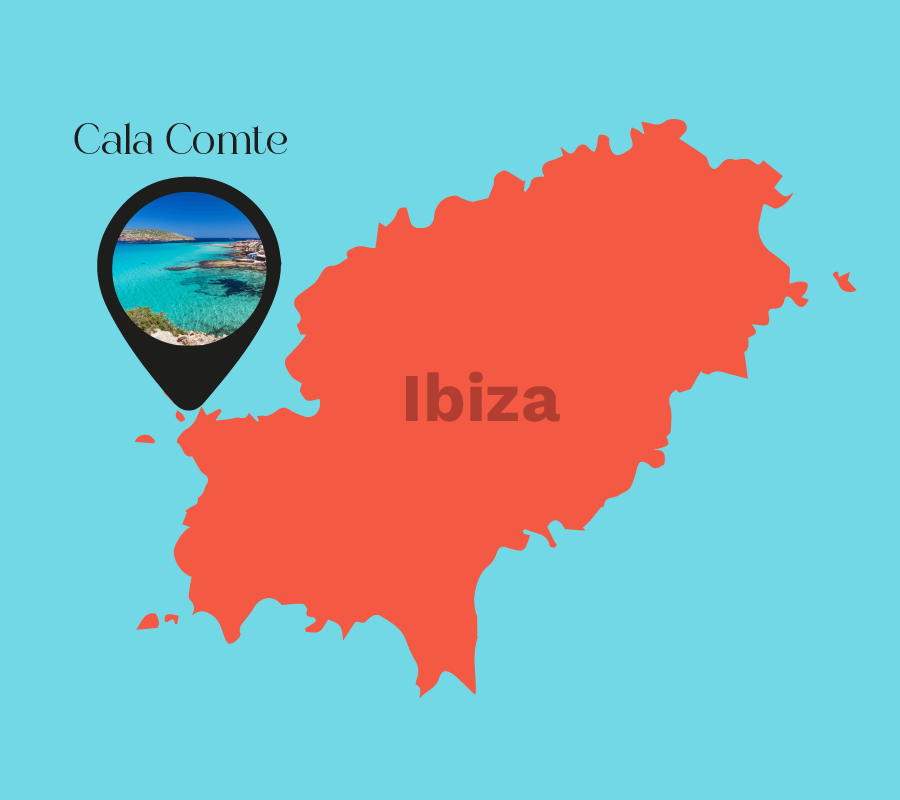 Mapa de la isla de Ibiza con la ubicación destacada de Cala Comte, una playa situada en la costa oeste. La cala está marcada en el mapa con un ícono o círculo, indicando su posición exacta.