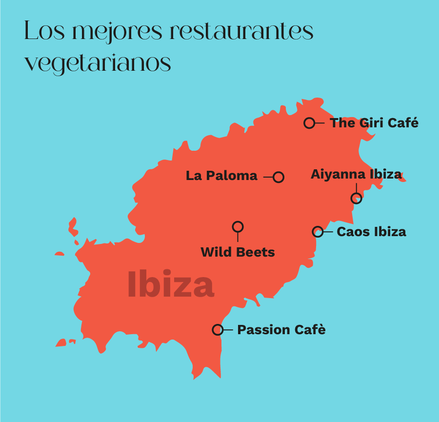 Mapa de Ibiza que señala la ubicación de los mejores restaurantes vegetarianos en Ibiza: The Giri Café, La Paloma, Aiyanna Ibiza, Caos Ibiza, Wild Beets, Passion Cafè