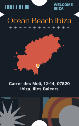 Ilustración que simula en formato vertical una entrada de discoteca, con un pequeño mapa de Ibiza que señala la ubicación de la discoteca Ocean Beach Ibiza.