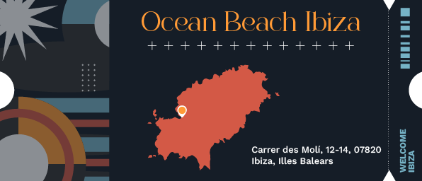 Ilustración que simula una entrada de discoteca, con un pequeño mapa de Ibiza que señala la ubicación de la discoteca Ocean Beach Ibiza.