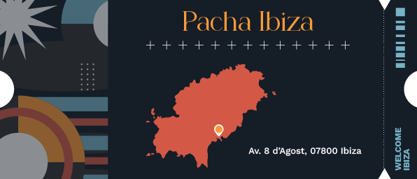 Ilustración que simula una entrada de discoteca, con un pequeño mapa de Ibiza que señala la ubicación de la discoteca Pacha Ibiza.