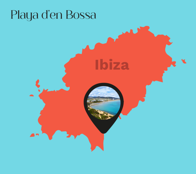 Mapa de la isla de Ibiza con la ubicación destacada de Playa d'en Bossa, una extensa playa situada en la costa sureste. La playa está marcada en el mapa con un ícono o círculo, mostrando su posición precisa cerca de la ciudad de Ibiza